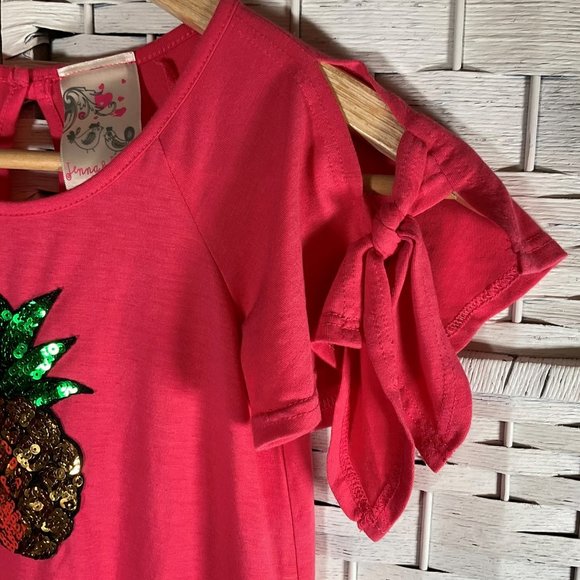 Size: 7 - Pink Flutter Sleeve Dress w/ Sequin Pineapple & Keyhole Back Detail - Picture 3 of 4